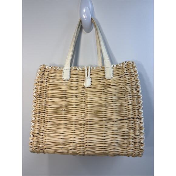 En Shalla Boho Western Coastal Wicker Kid Leather Fringe Woven Basket Tote - Picture 2 of 16